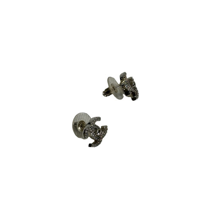 Used CHANEL Crystals CC Logo Earrings Silver