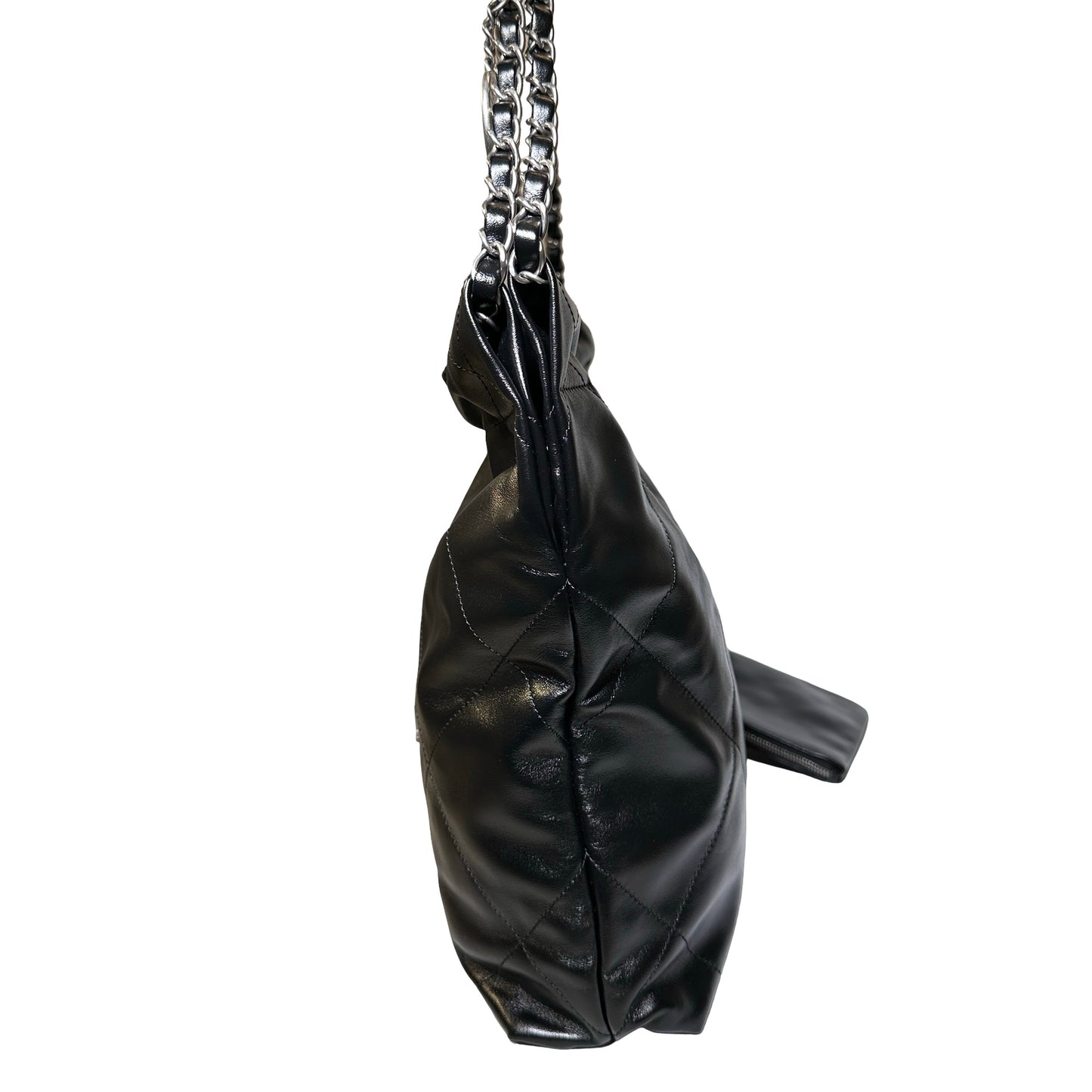 Used Chanel Shiny Calfskin 22 Hobo Bag Black PHW
