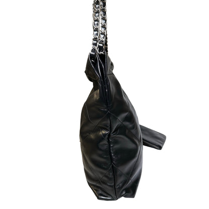 Used Chanel Shiny Calfskin 22 Hobo Bag Black PHW