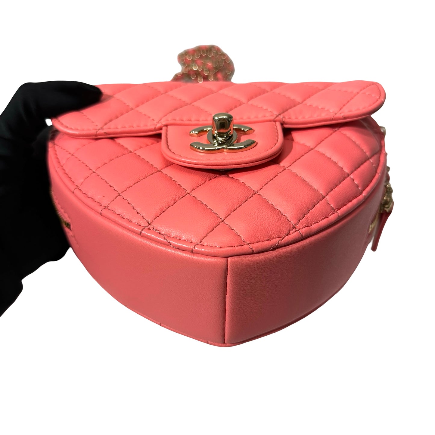 Used CHANEL Lambskin Leather HEART Cross Body Bag Pink GHW