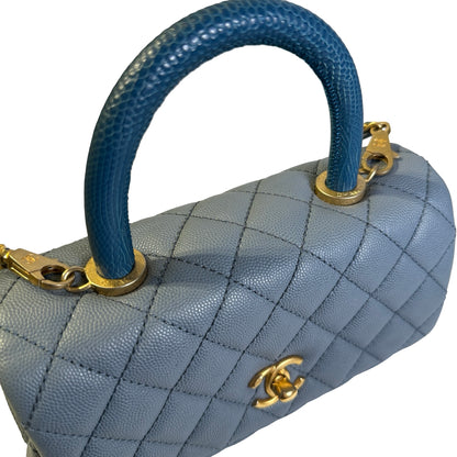 Used CHANEL Quilted Caviar Lizard Coco Handle Handbag Blue