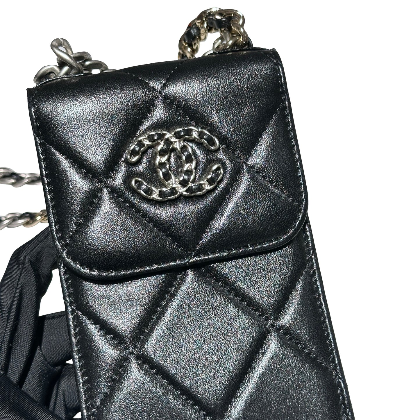 Used CHANEL Lambskin Leather 19 Phone Holder with Chain Phone Bag Black PHW