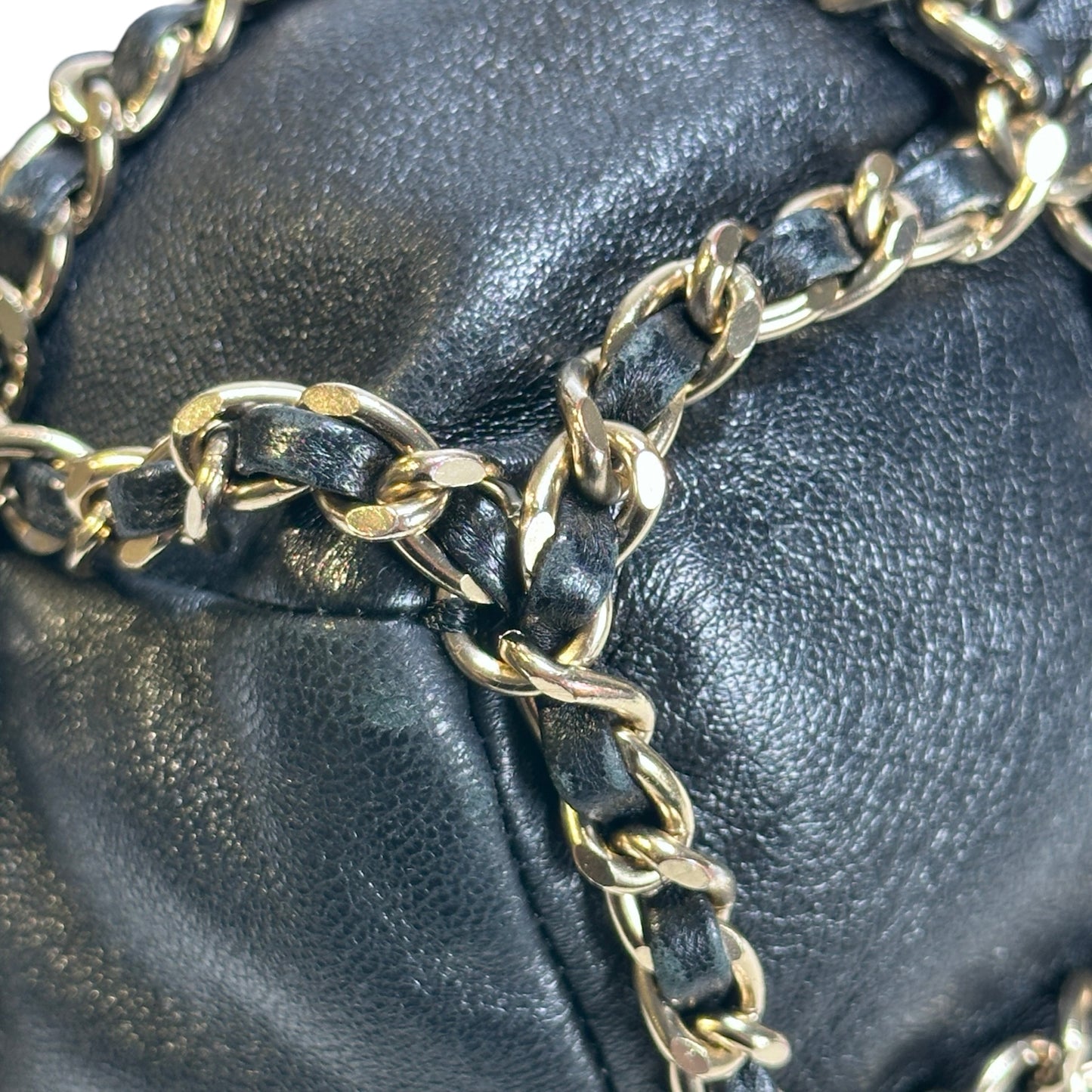 Used CHANEL Leather Drawstring Bag Drawstring Bag Black GHW