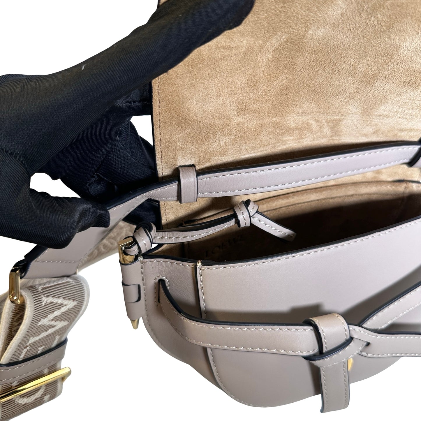 Used LOEWE Calfskin Gate Dual Crossbody Bag Taupe