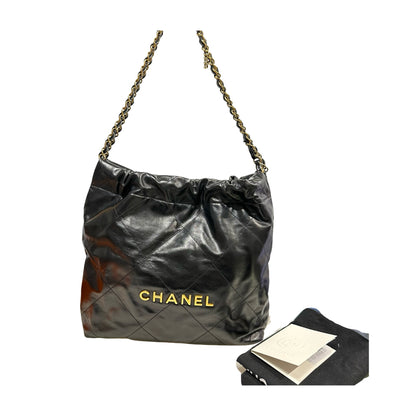 Used CHANEL Quilted Leather 22 Small Tote Bag Black Gold