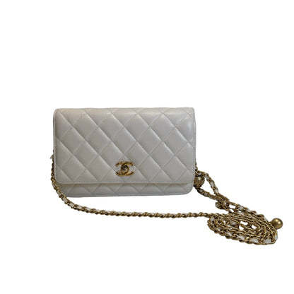 Used CHANEL Quilted Lambskin Wallet on chain Wallet on chain White Gold