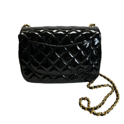 Used CHANEL Quilted Patent Leather Flap Bag Chain Shoulder Bag Black Gold