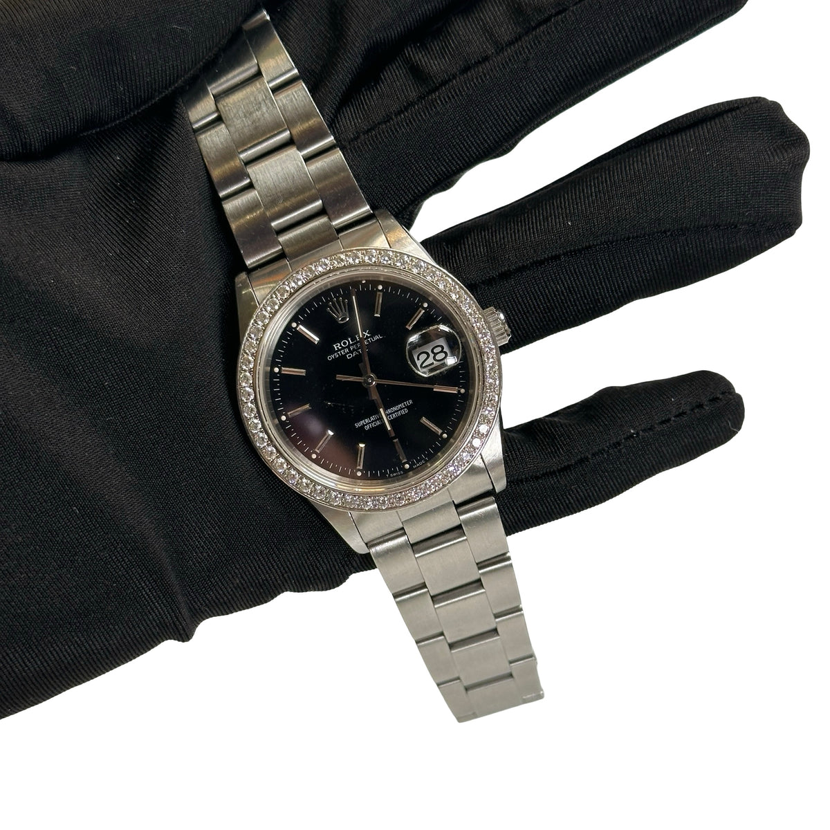 Used ROLEX Stainless Steel Diamond Bezel Oyster Perpetual Date Watch Silver Black
