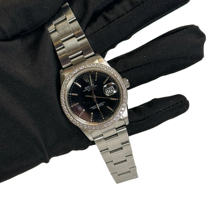 Used ROLEX Stainless Steel Diamond Bezel Oyster Perpetual Date Watch Silver Black