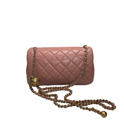 Used CHANEL Diamond Quilted Lambskin Mini Rectangular Flap Chain Shoulder Bag Pink