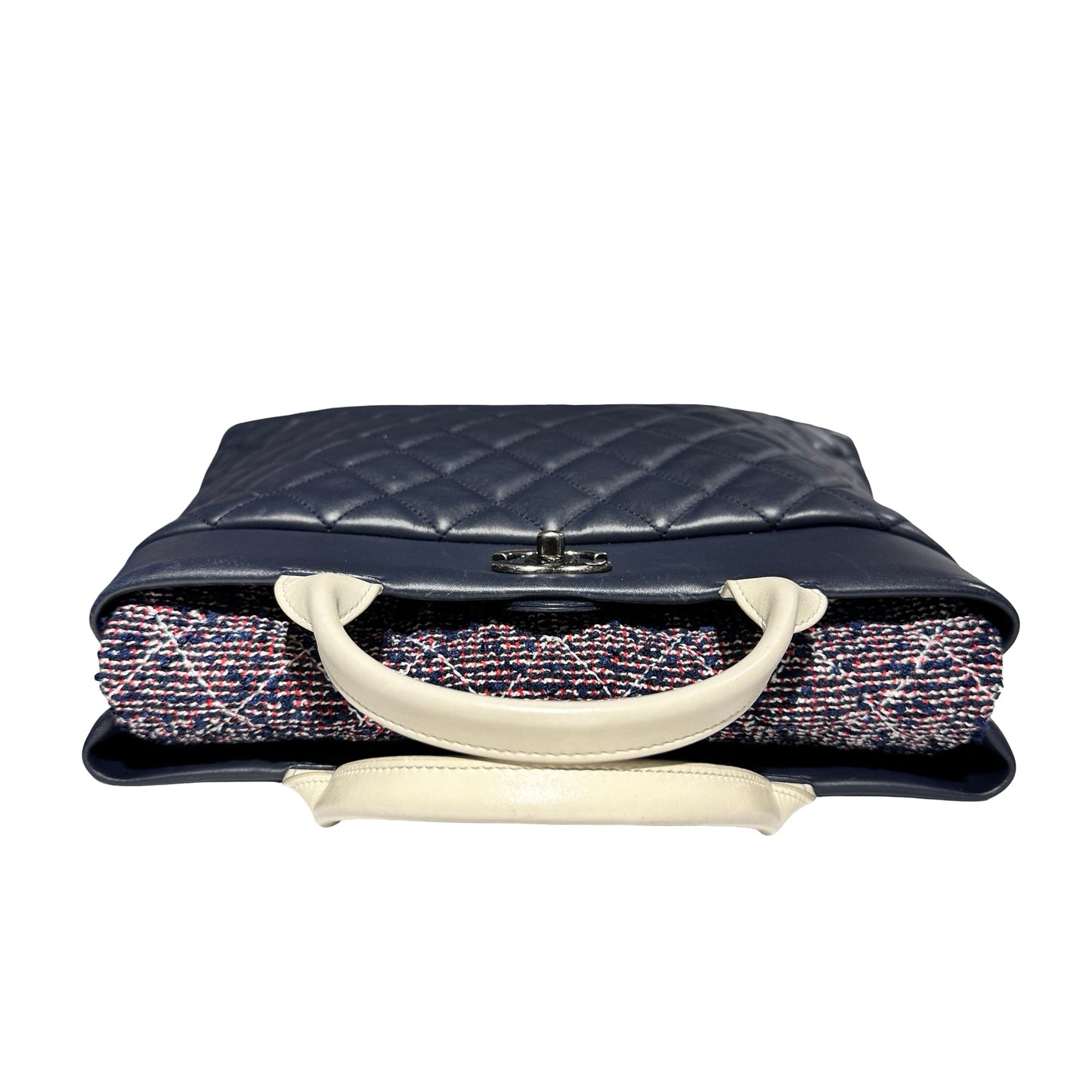 Used CHANEL Lambskin Leather Tweed Airlines Portobello Two Way Shoulder Bag Blue White PHW