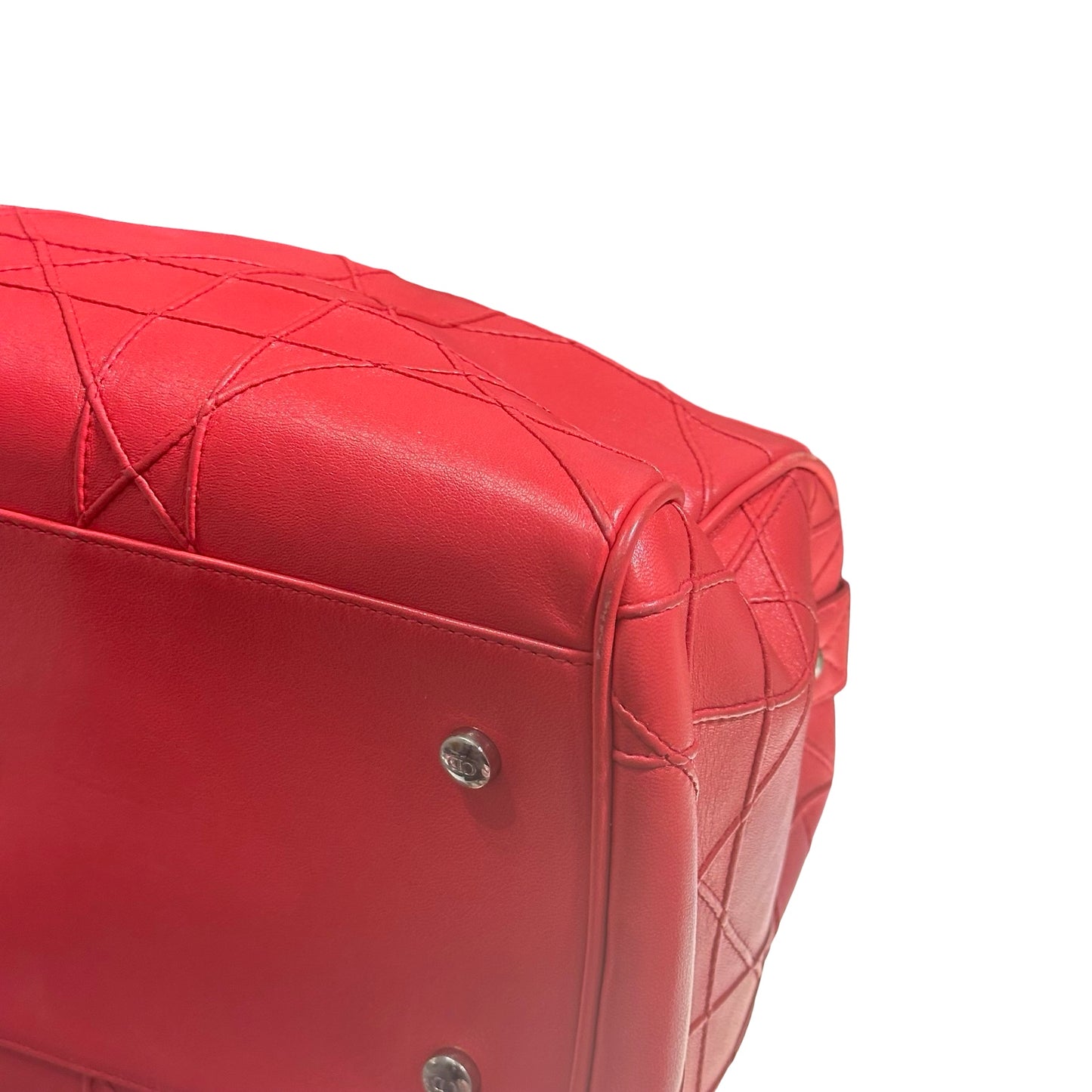 Used DIOR Lambskin Leather Cannage Granville Boston Two Way Shoulder Bag Red GHW