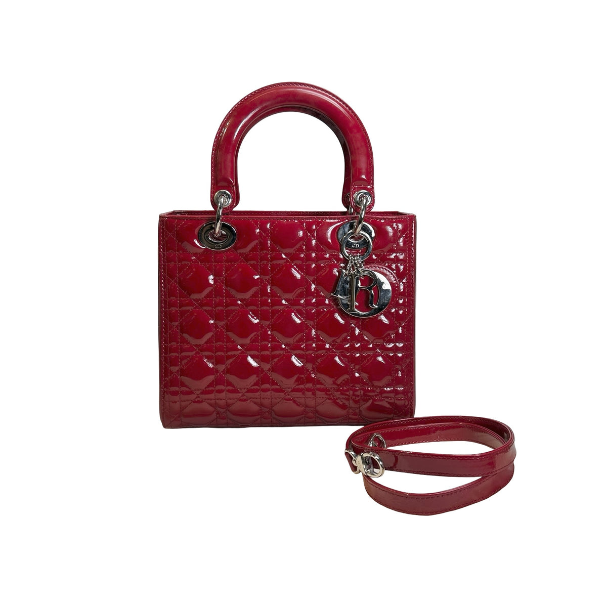 Used DIOR Cannage Patent Leather Lady Dior Handbag Red