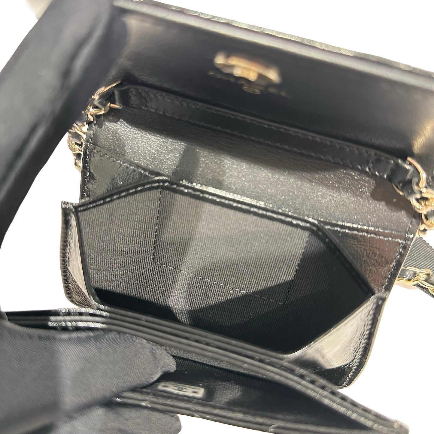 CHANEL MINI POUCH WITH CHAIN BLACK SHINY LAMBSKIN GHW [3000641]