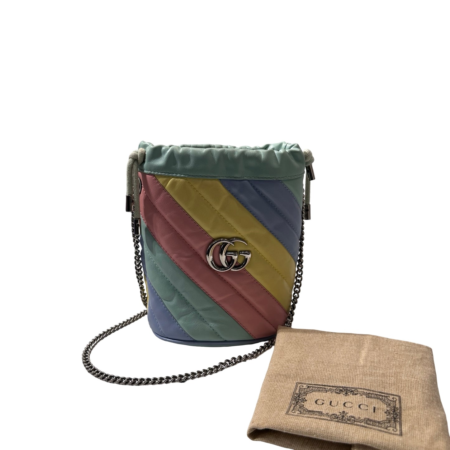 Used GUCCI Lambskin Leather GG MARMOUNT Drawstring Bag PHW Rainble