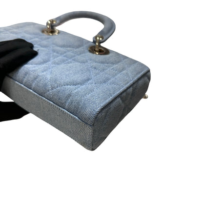 Used DIOR Denim Cannage D-Joy Medium Two Way Shoulder Bag Light Blue