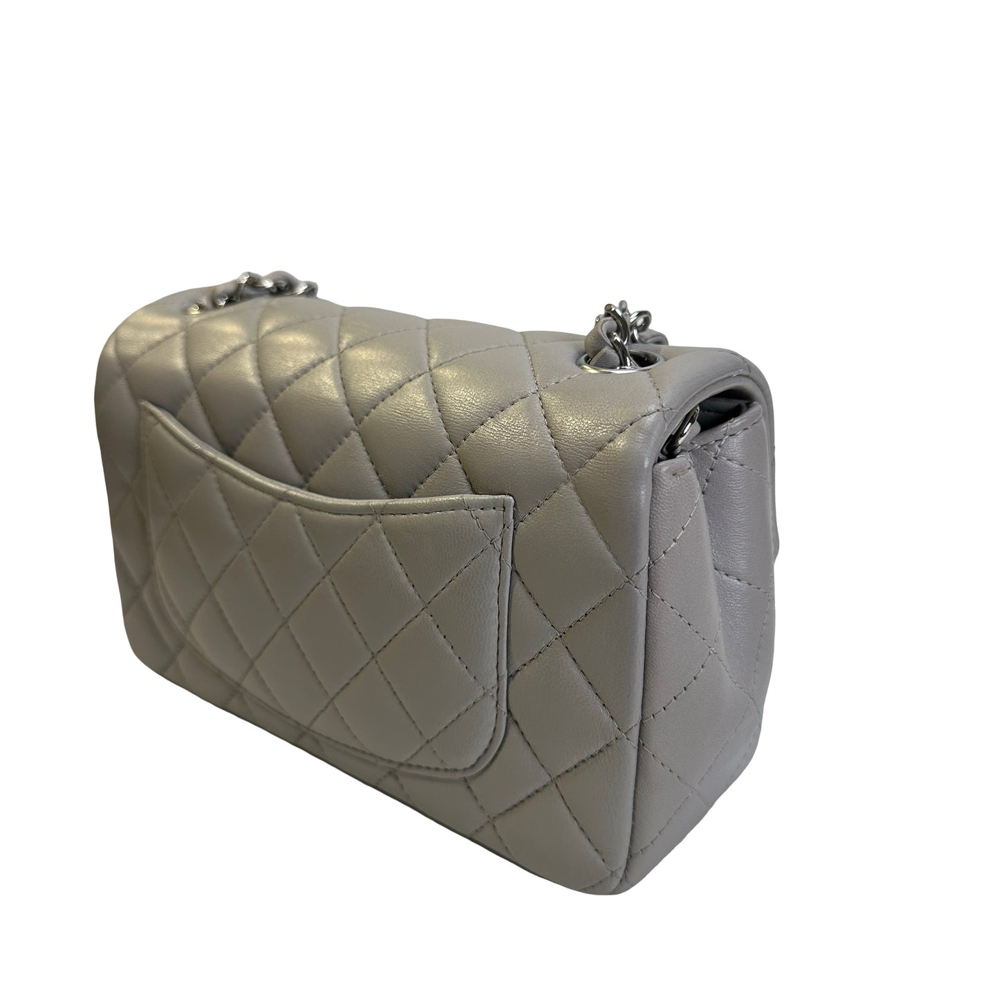 Used CHANEL Quilted Lambskin Mini Rectangular Flap Bag Shoulder Bag Grey Silver Hardware