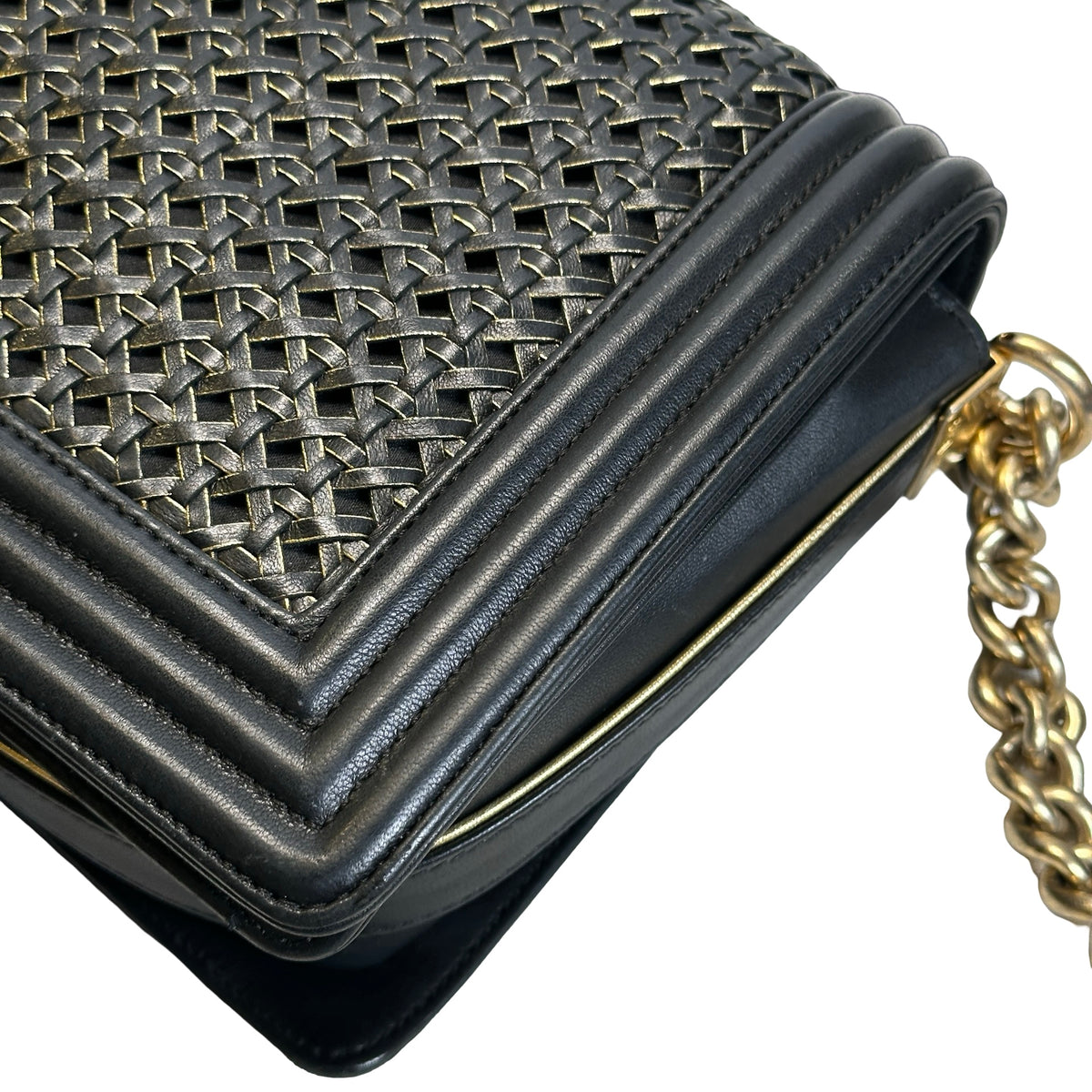 Used CHANEL Woven Leather Boy Chain Shoulder Bag Black Gold