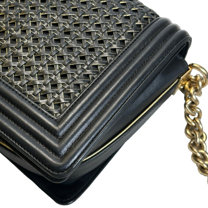Used CHANEL Woven Leather Boy Chain Shoulder Bag Black Gold