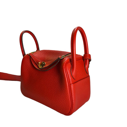 Used HERMES Togo Leather Mini Lindy Handbag Red GHW
