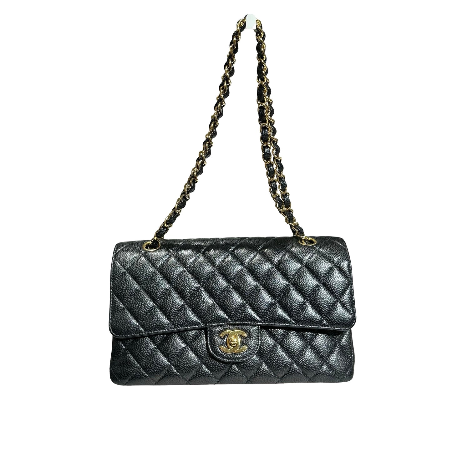 Used CHANEL Caviar Leather Classic Flap Medium Chain Shoulder Bag Black PHW