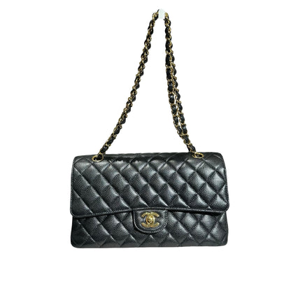 Used CHANEL Caviar Leather Classic Flap Medium Chain Shoulder Bag Black PHW