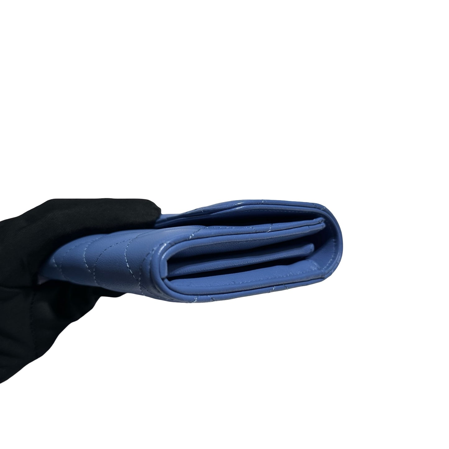 Used CHANEL Calfskin Leather Long Wallet Clutch Blue GHW