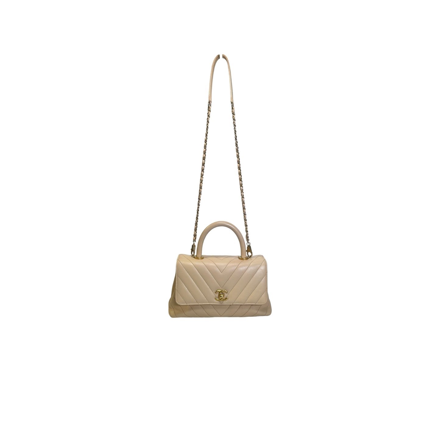 Used CHANEL Chevron Coco Handle Handbag Beige GHW