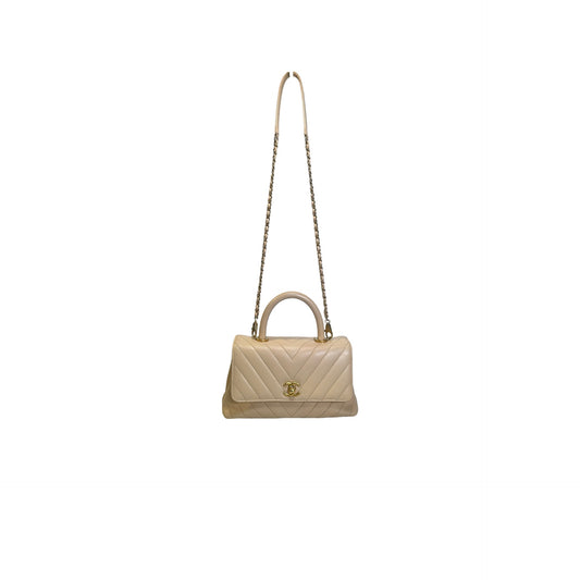 Used CHANEL Chevron Coco Handle Handbag Beige GHW