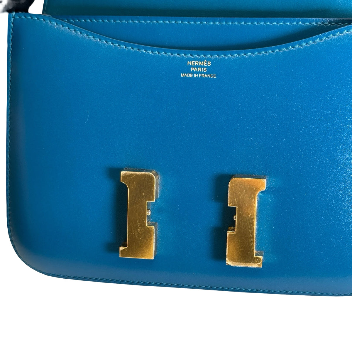 Used HERMES Epsom Leather Constance Shoulder Bag Blue Gold Hardware
