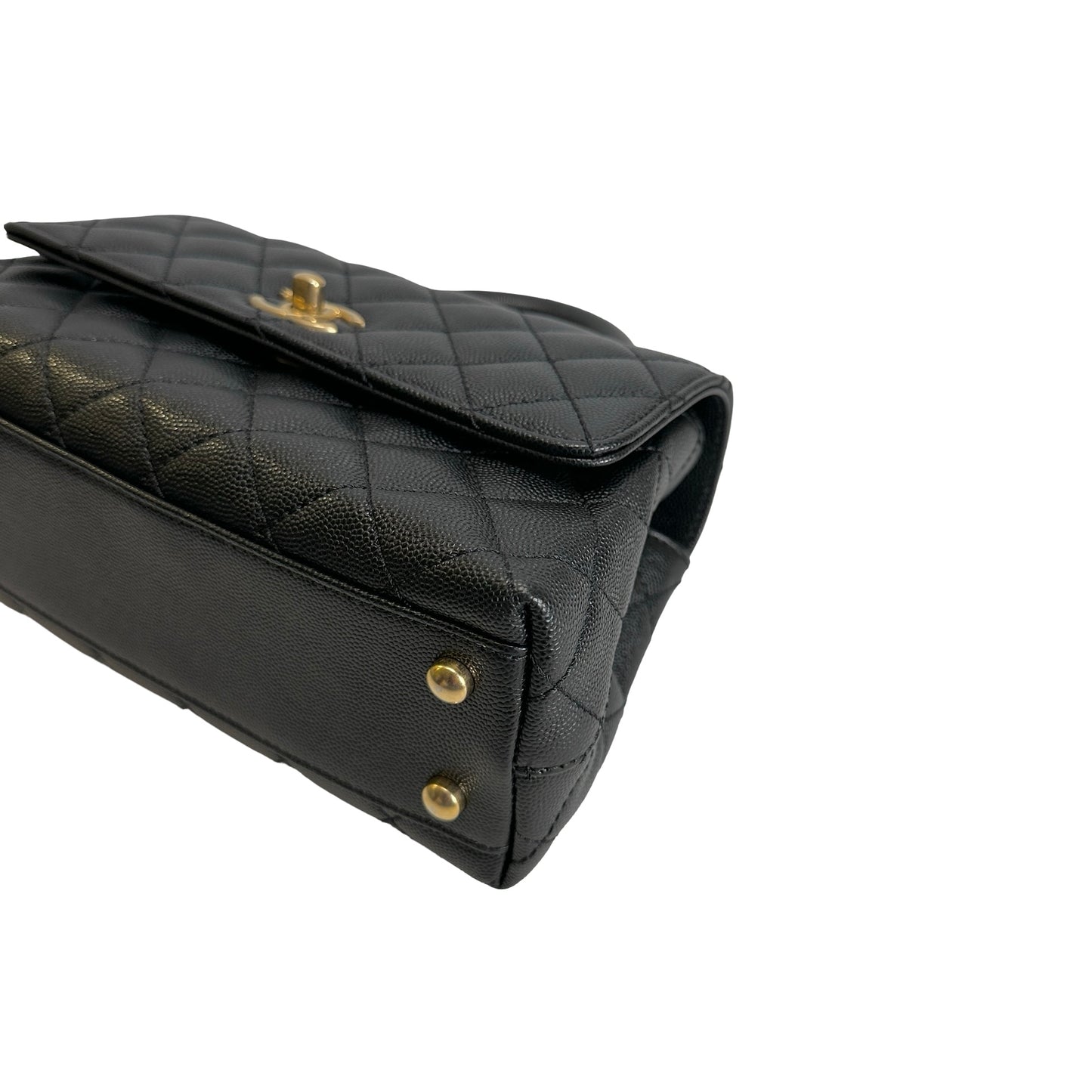 Used CHANEL Quilted Caviar Coco Handle Handbag Black Gold
