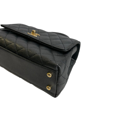 Used CHANEL Quilted Caviar Coco Handle Handbag Black Gold