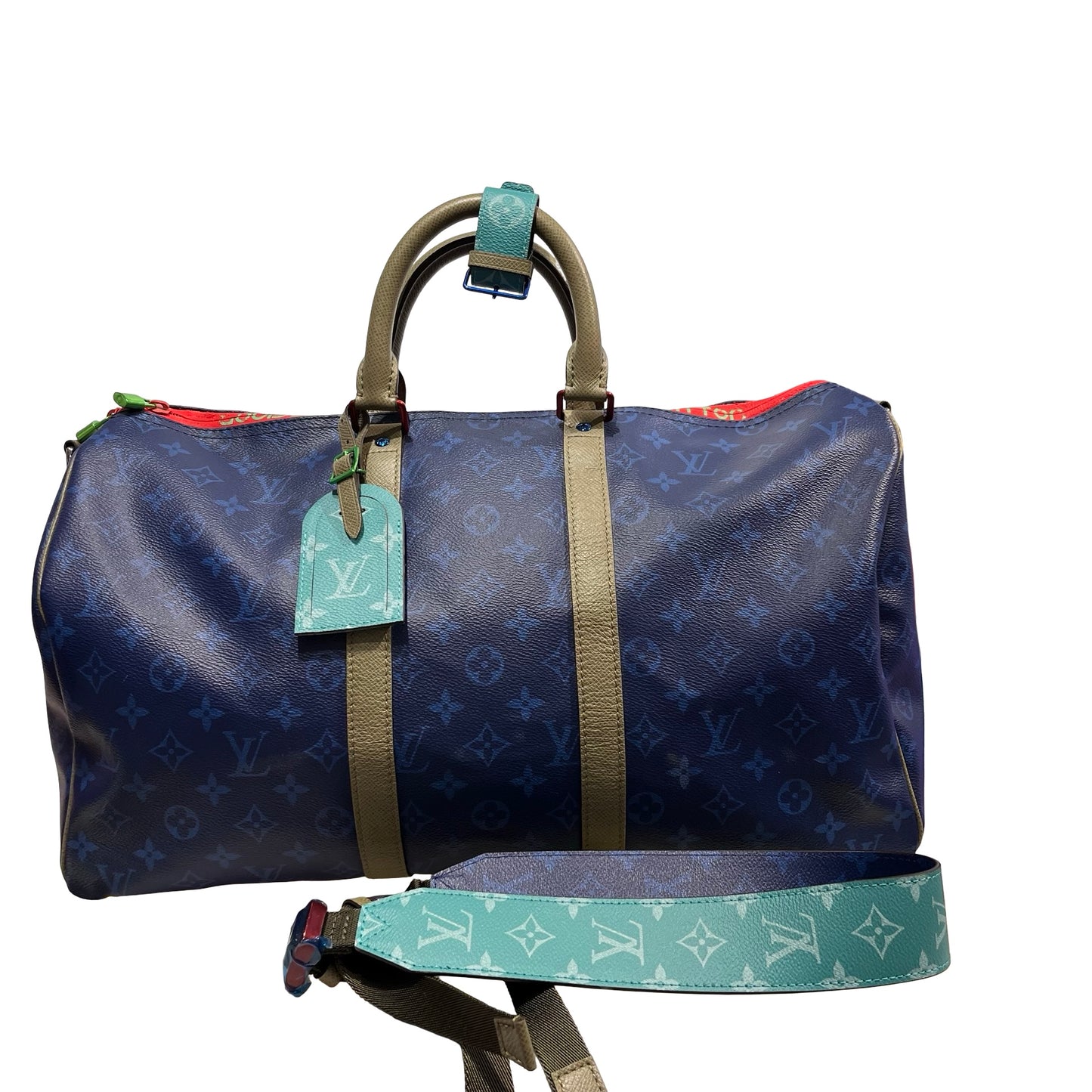 Used LOUIS VUITTON Monogram Keepall Bandoulière Travel Bag Blue Khaki Red Turquoise