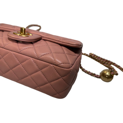 Used CHANEL Diamond Quilted Lambskin Mini Rectangular Flap Chain Shoulder Bag Pink