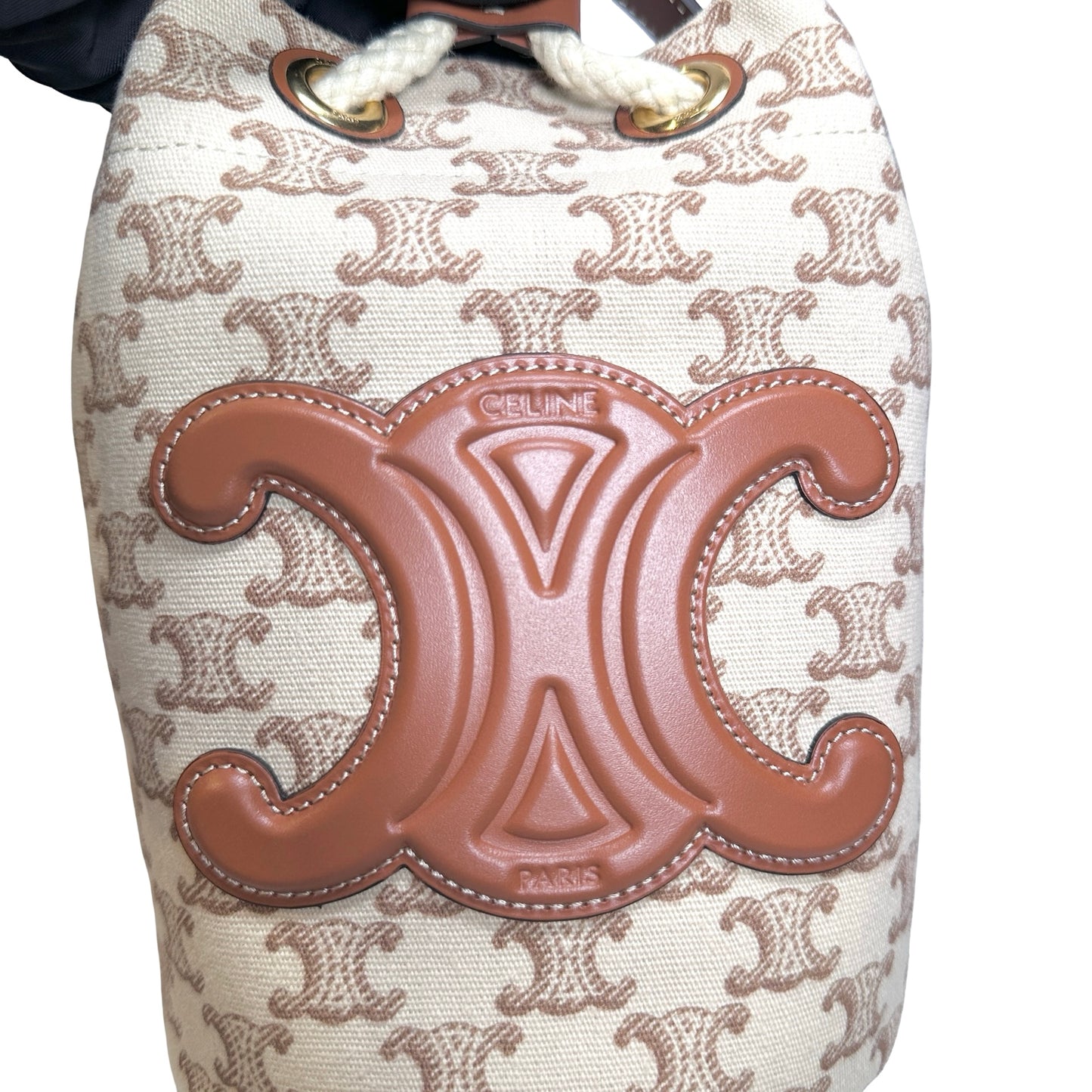 Used CELINE Triomphe Canvas Calfskin Teen Triomphe Drawstring Drawstring Bag Beige Brown GHW