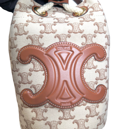 Used CELINE Triomphe Canvas Calfskin Teen Triomphe Drawstring Drawstring Bag Beige Brown GHW