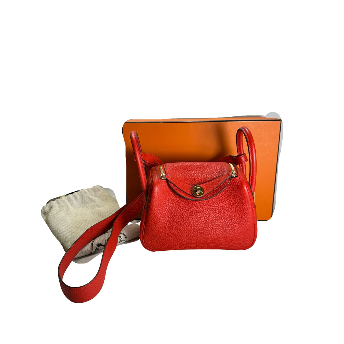 Used HERMES Togo Leather Mini Lindy Handbag Red GHW