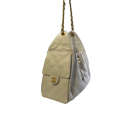 Used CHANEL Caviar Quilted 25 Small Handbag White Gold