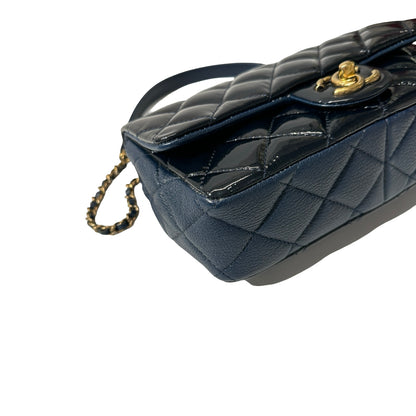 Used CHANEL Patent Leather MINI FLAP 20 CM Chain Shoulder Bag Navy Blue GHW