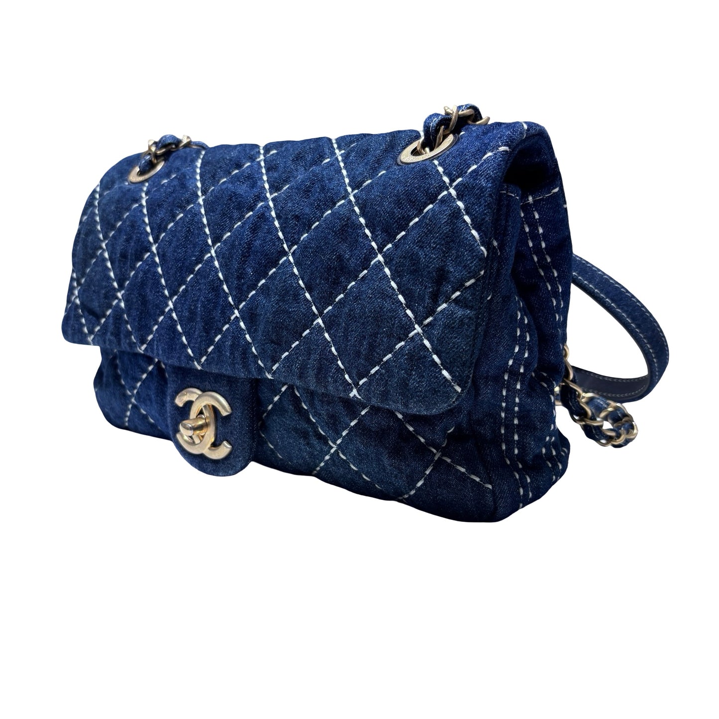 Used CHANEL Denim Classic Flap Medium Chain Shoulder Bag Navy Blue GHW