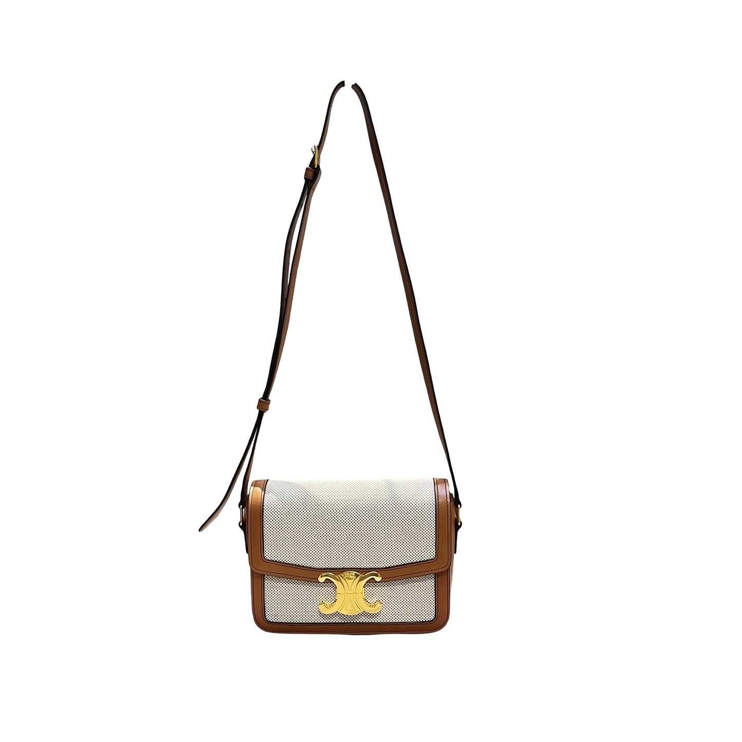 Used CÉLINE Calfskin Leather Triomphe Teen Small Shoulder Bag Natural Tan