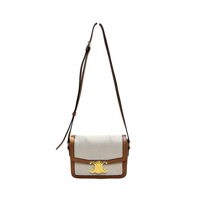Used CÉLINE Calfskin Leather Triomphe Teen Small Shoulder Bag Natural Tan