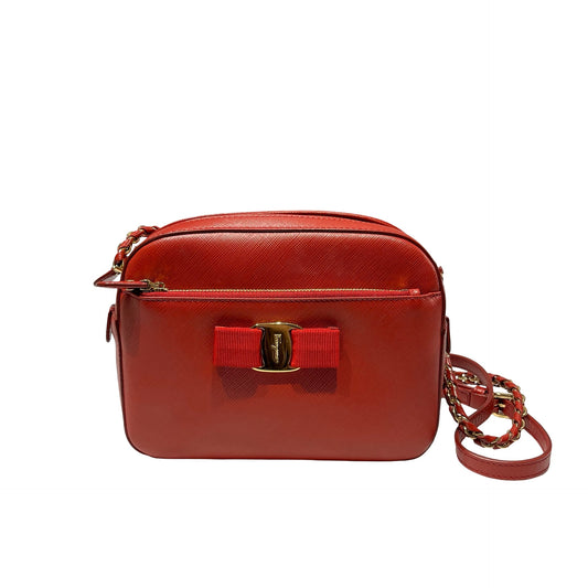 Used Ferragamo Saffiano leather Cross Body Bag Red GHW