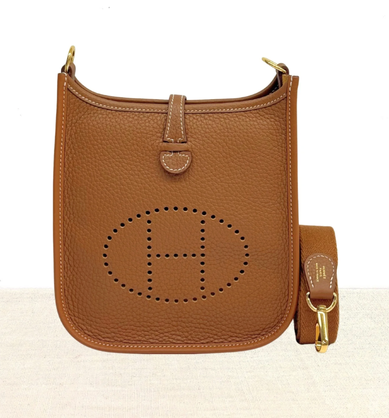 Used HERMÈS Calfskin Leather Mini Evelyne Cross Body Bag Gold GHW