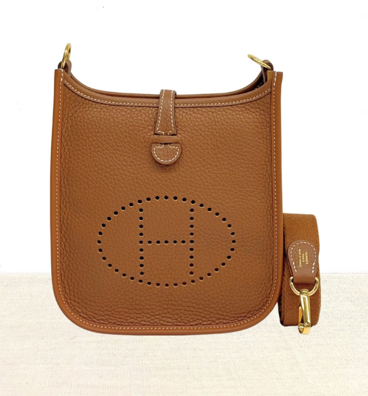 Used HERMÈS Calfskin Leather Mini Evelyne Cross Body Bag Gold GHW