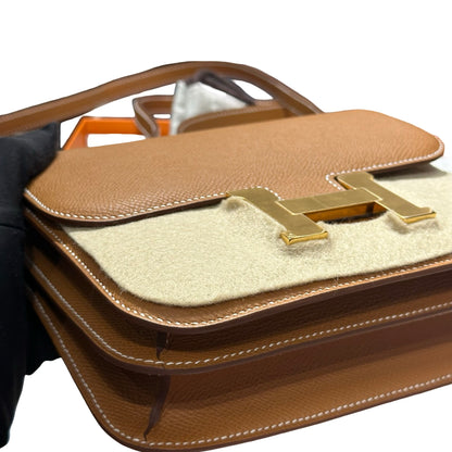 Brand New HERMES Epsom Felt Mini Constance Crossbody Bag Gold Beige