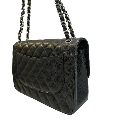 Used CHANEL Quilted Caviar leather Jumbo Single Flap Bag Shoulder Bag Black Silver hardware