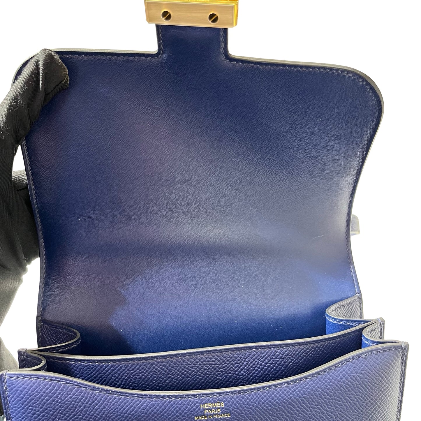 Used HERMÈS Calfskin Leather Mini Constance Cross Body Bag Blue