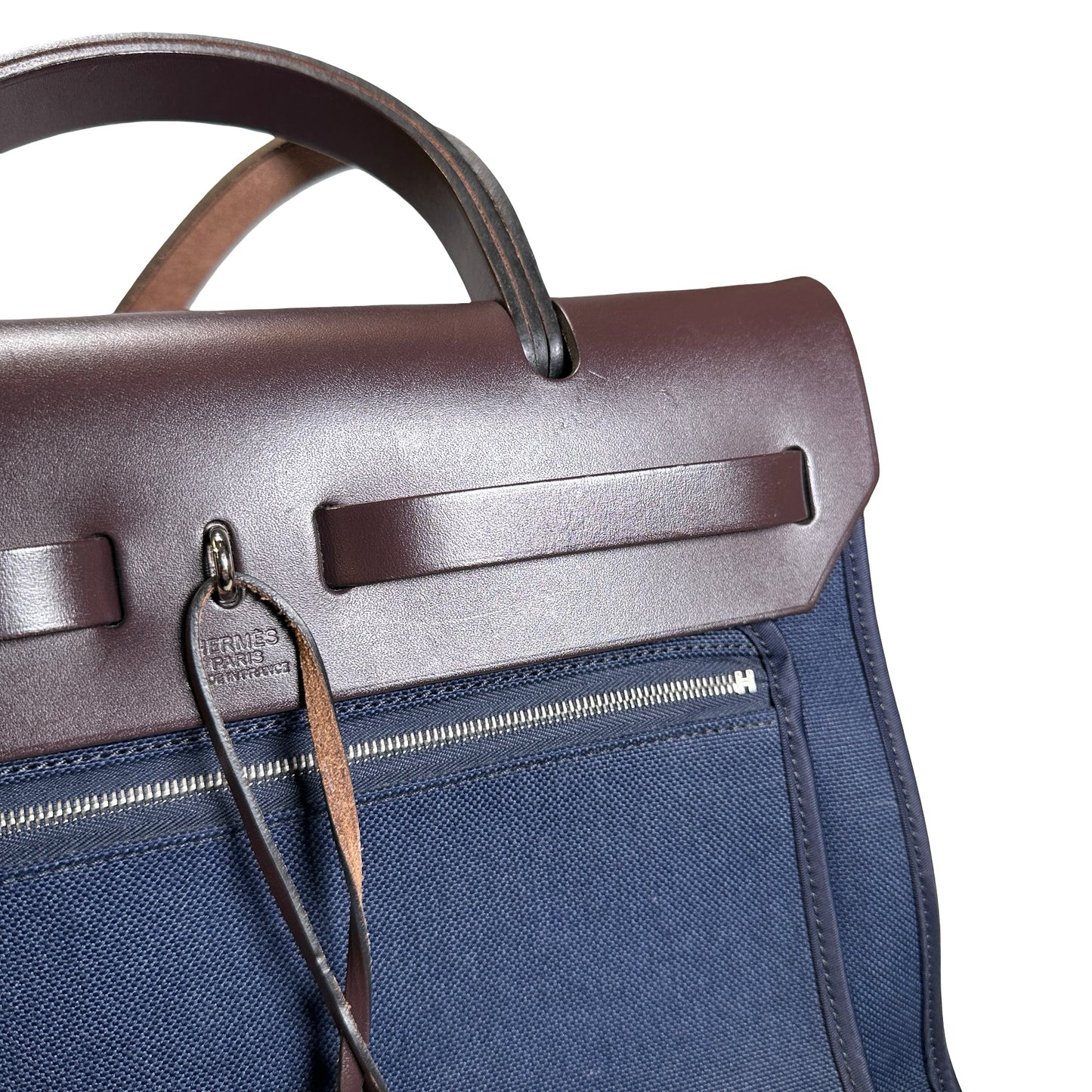 Used HERMES Toile Hunter Herbag Zip Handbag Navy Blue Brown
