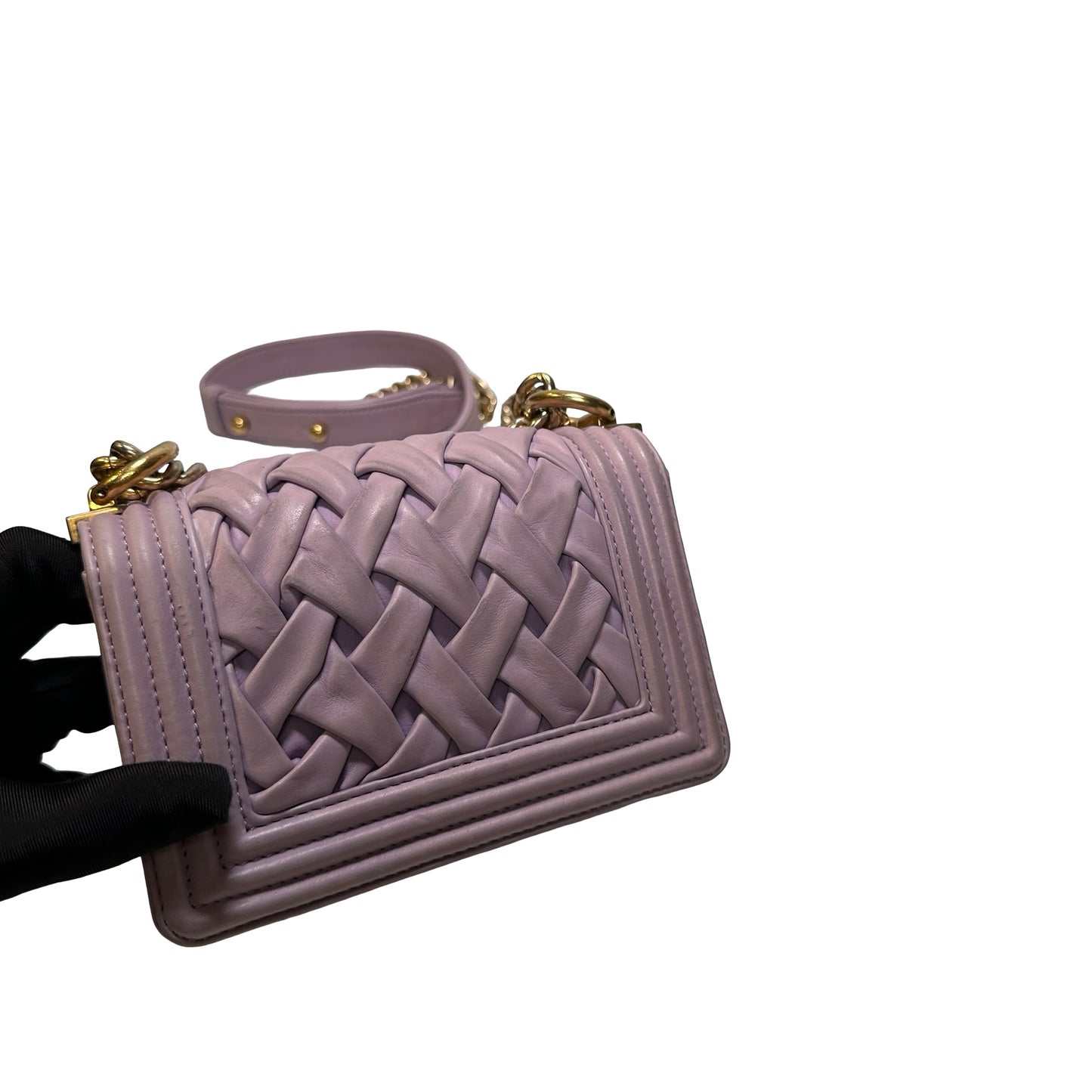 Used CHANEL Braided Lambskin Boy Chain Shoulder Bag Lilac Gold